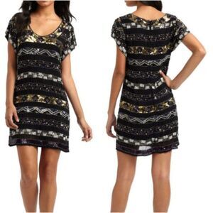 French Connection Carnival Sequin
Shift Dress Size 10 Black Gold‎ Silver